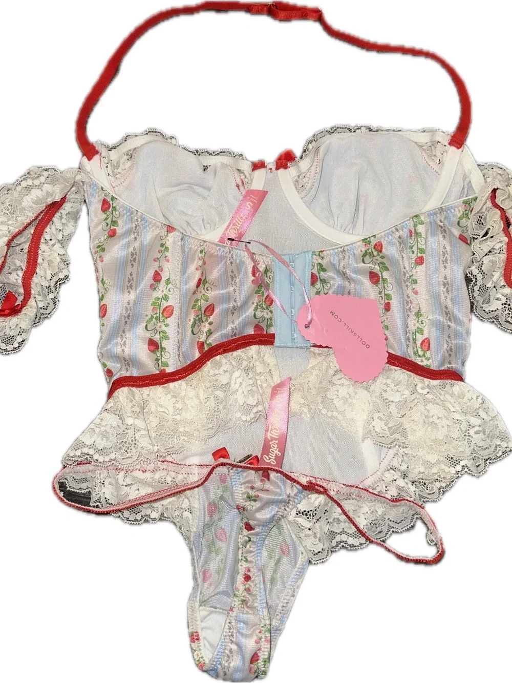 Sugar Thrillz Strawberry-Print Lace Bustier & Thong Set